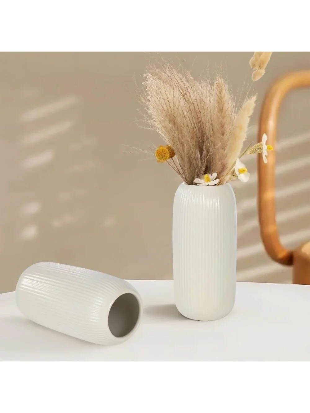 Modern Small Beige Ceramic Vase Flowers Ribbed Textured Farmhouse Home Livings